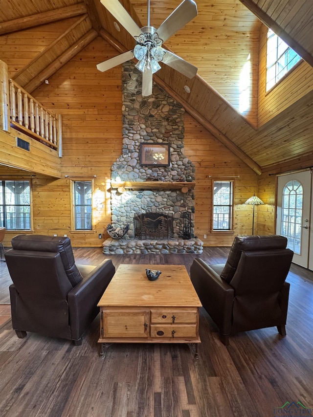 living room with dark hardwood / wood-style flooring, ceiling fan, high vaulted ceiling, a fireplace, and wood walls