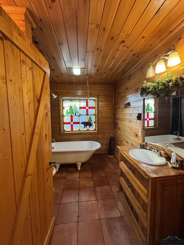 bathroom with wooden ceiling, a bath, tile patterned floors, wood walls, and vanity