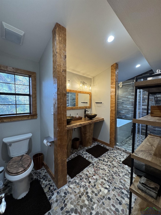 bathroom with a shower, lofted ceiling, and toilet