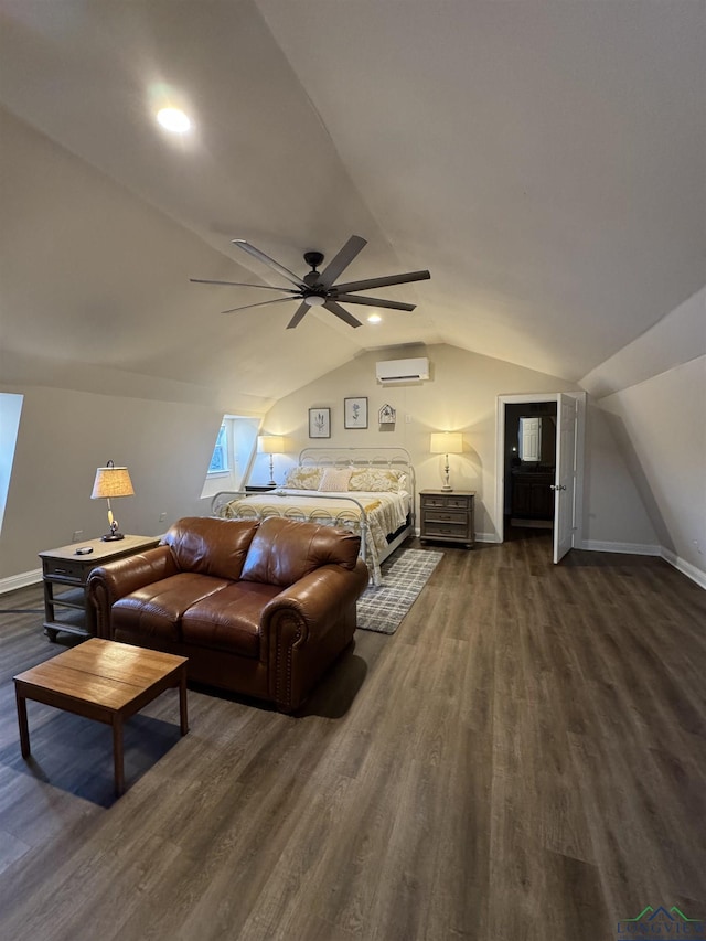 bedroom with a wall unit AC, lofted ceiling, ceiling fan, and dark hardwood / wood-style floors