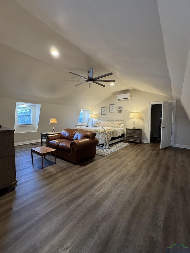 bedroom with vaulted ceiling, ceiling fan, dark hardwood / wood-style flooring, and a wall mounted air conditioner