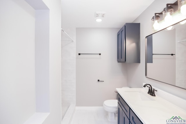 bathroom featuring vanity, baseboards, walk in shower, toilet, and marble finish floor