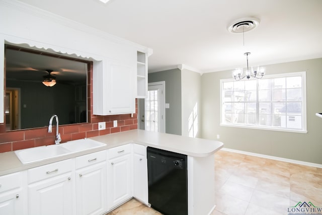 kitchen with visible vents, a sink, tasteful backsplash, a peninsula, and dishwasher