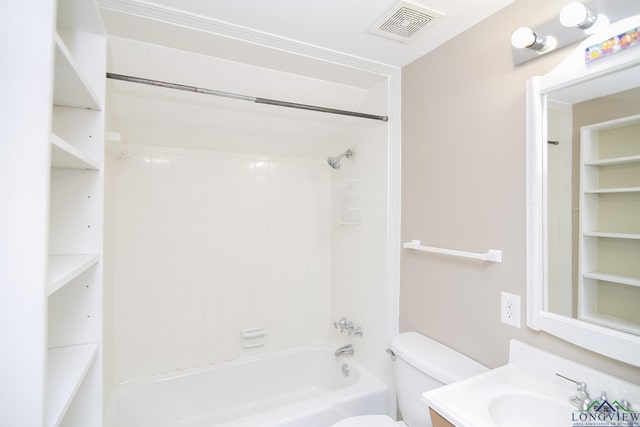 full bath with shower / tub combination, visible vents, toilet, and vanity