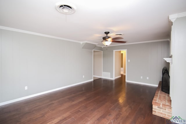 unfurnished living room with a fireplace, crown molding, a ceiling fan, and wood finished floors