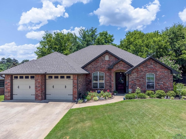 view of front of home with a front lawn and a garage