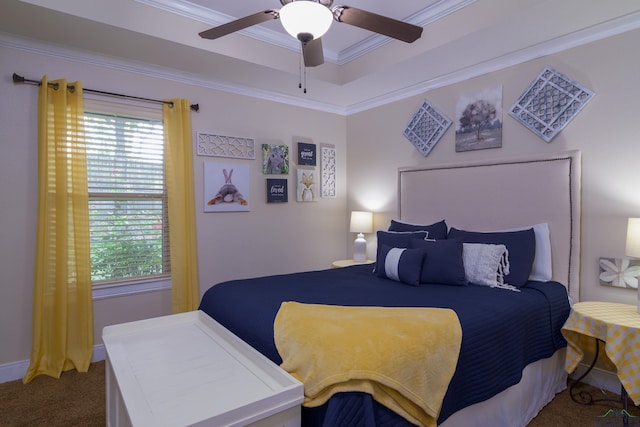 carpeted bedroom featuring ceiling fan, crown molding, and multiple windows