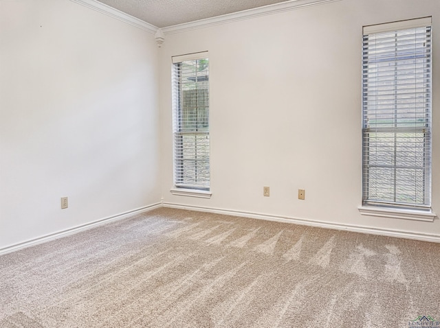 unfurnished room with carpet floors, ornamental molding, baseboards, and a textured ceiling