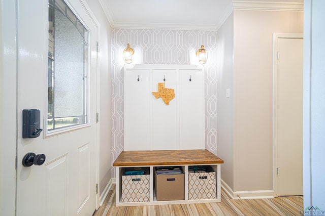 mudroom featuring crown molding