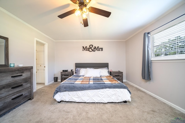 bedroom with ceiling fan, crown molding, and light carpet