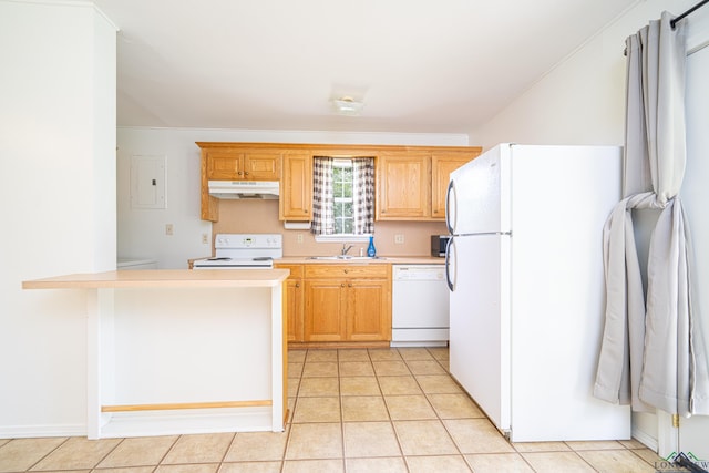 kitchen with sink, kitchen peninsula, electric panel, white appliances, and light tile patterned floors