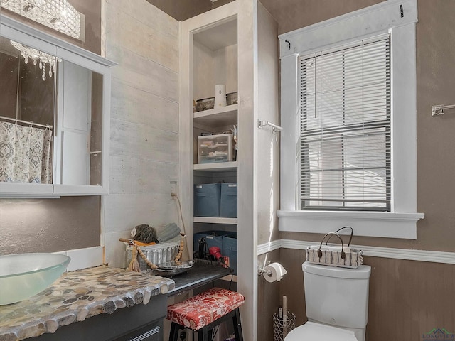 full bath featuring vanity, toilet, a wainscoted wall, and wood walls