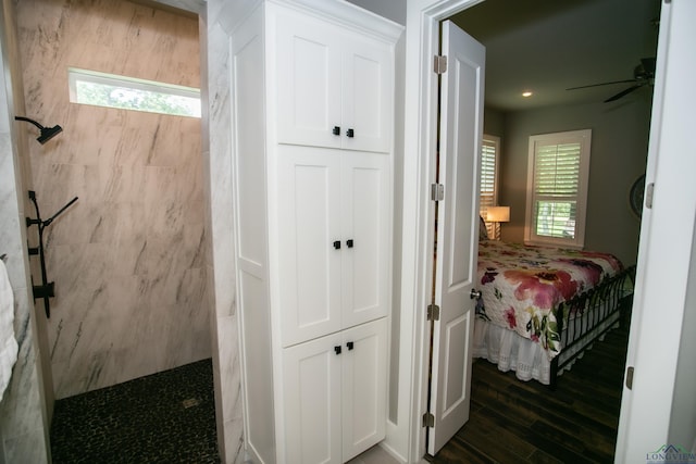 interior space with a closet, dark wood-type flooring, and ceiling fan