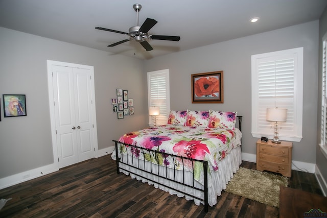 bedroom featuring ceiling fan, a closet, and dark hardwood / wood-style floors