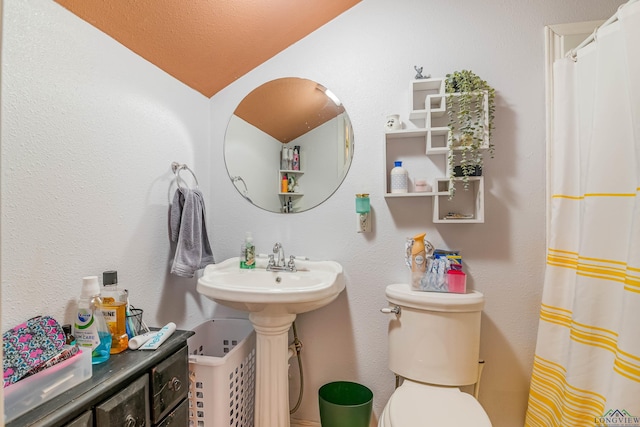 bathroom with toilet, lofted ceiling, and sink