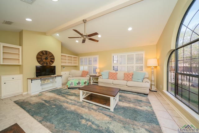 1002 Ruby St, Gilmer, TX 75644 - living area featuring recessed lighting, visible vents, vaulted ceiling with beams, and ceiling fan