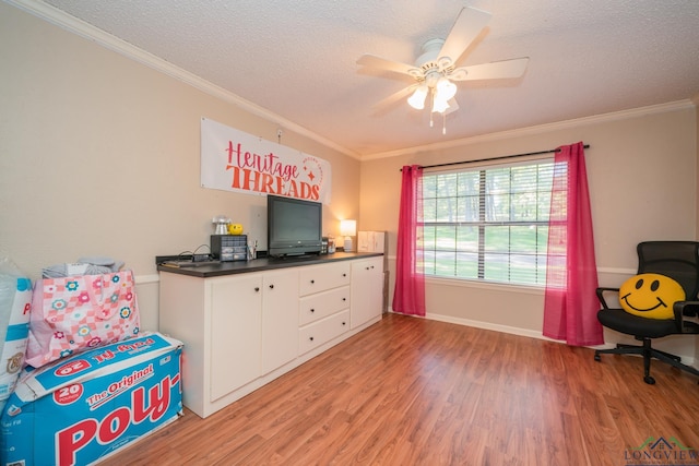 1002 Ruby St, Gilmer, TX 75644 - interior space featuring ceiling fan, a textured ceiling, light wood-style floors, and ornamental molding