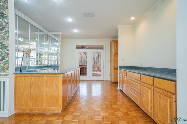 807 Vicksburg Ct, Longview, TX 75601 - kitchen featuring ornamental molding, dark countertops, french doors, and recessed lighting