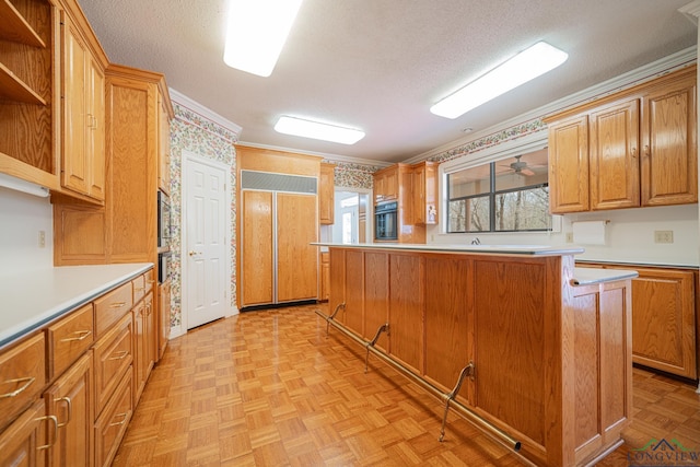 807 Vicksburg Ct, Longview, TX 75601 - kitchen with paneled built in fridge, light countertops, crown molding, open shelves, and oven