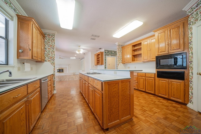 807 Vicksburg Ct, Longview, TX 75601 - kitchen featuring black microwave, stainless steel dishwasher, open shelves, a warming drawer, and stovetop
