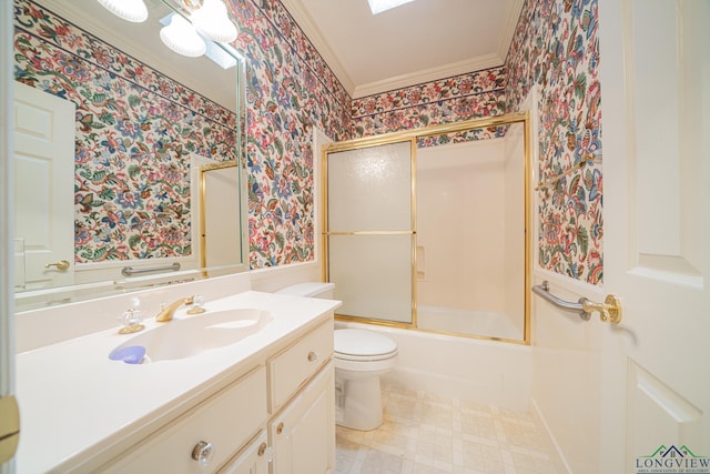 807 Vicksburg Ct, Longview, TX 75601 - full bathroom featuring wallpapered walls, crown molding, vanity, bath / shower combo with glass door, and tile patterned floors