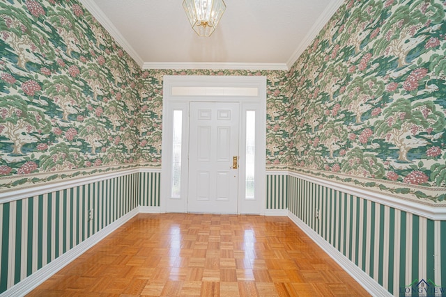 807 Vicksburg Ct, Longview, TX 75601 - entryway with wallpapered walls, a chandelier, and crown molding