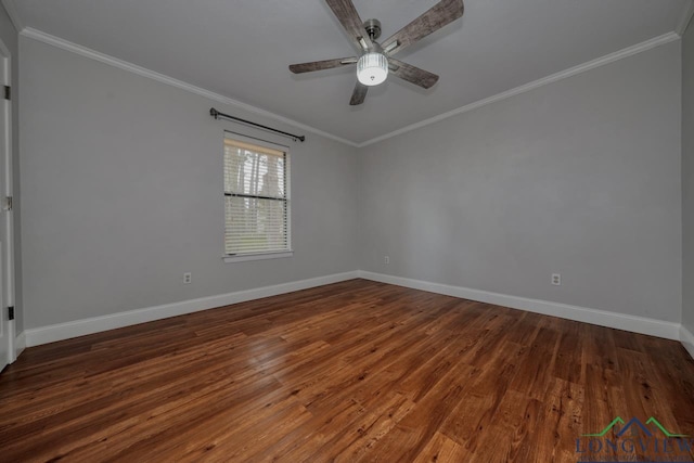 unfurnished room featuring crown molding, dark hardwood / wood-style floors, and ceiling fan