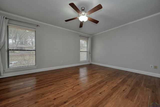 unfurnished room with ornamental molding, dark wood-type flooring, and ceiling fan