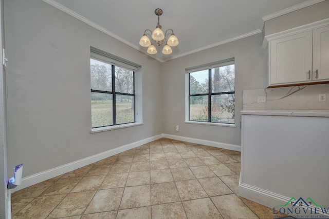 unfurnished dining area featuring light tile patterned floors, crown molding, and plenty of natural light