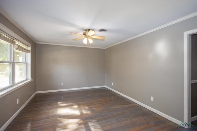 unfurnished room featuring dark hardwood / wood-style flooring, ceiling fan, and ornamental molding