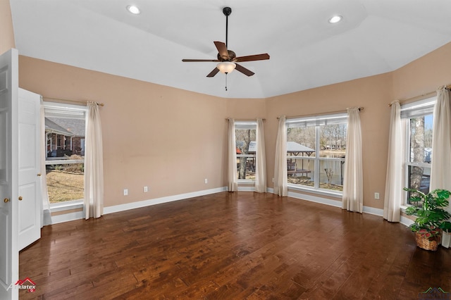 empty room featuring recessed lighting, baseboards, wood-type flooring, and ceiling fan
