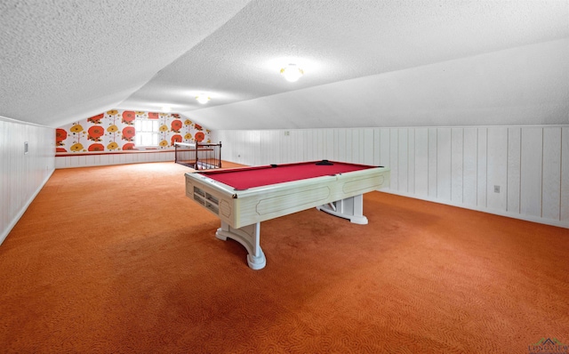 game room with a textured ceiling, carpet, lofted ceiling, and pool table