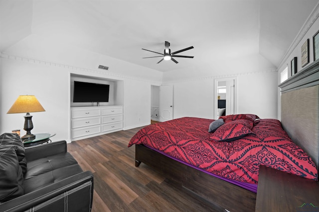 bedroom featuring hardwood / wood-style floors, vaulted ceiling, and ceiling fan