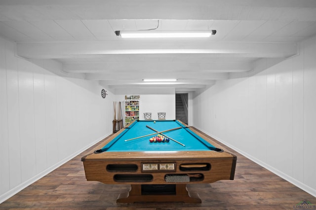 game room with beam ceiling, dark hardwood / wood-style flooring, and pool table