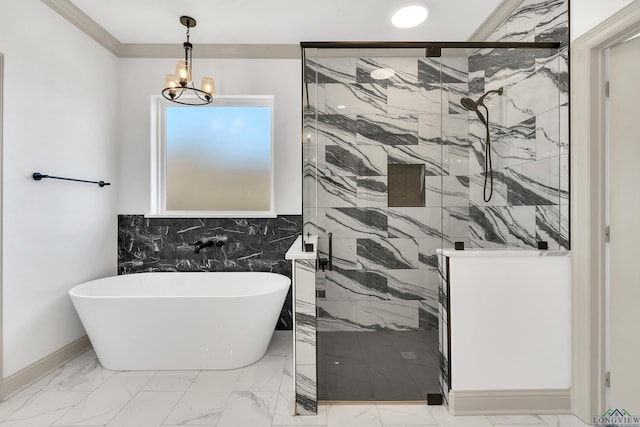 bathroom featuring tile walls, shower with separate bathtub, and an inviting chandelier