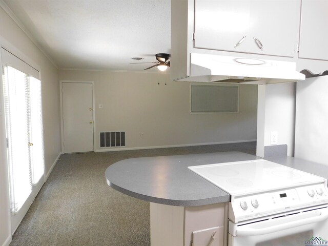 200 Hickory St, Gladewater, TX 75647 - kitchen featuring white range with electric cooktop, range hood, a ceiling fan, and white cabinets