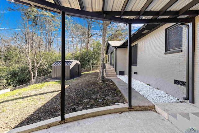 view of property exterior featuring a storage unit