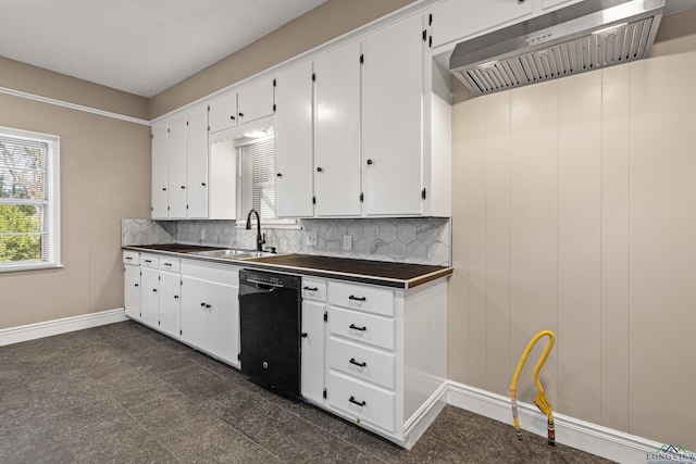 kitchen with sink, wall chimney range hood, black dishwasher, and white cabinetry