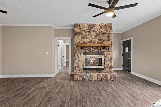 unfurnished living room with ceiling fan, crown molding, a textured ceiling, and hardwood / wood-style flooring