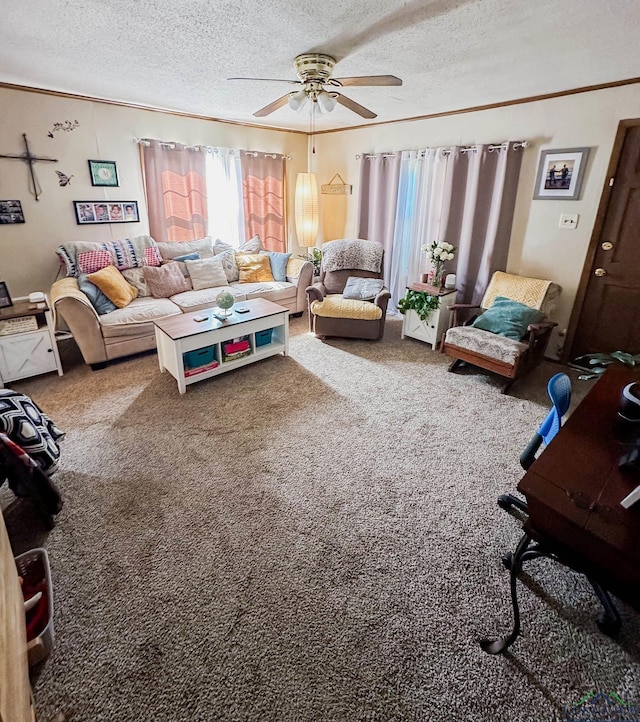 carpeted living room featuring ornamental molding, ceiling fan, and a textured ceiling