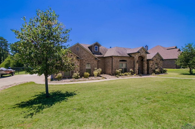 french country home with a front lawn