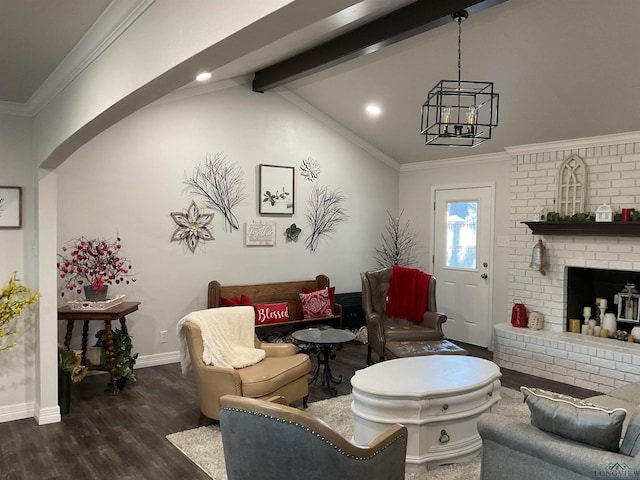 living area with lofted ceiling with beams, crown molding, baseboards, and dark wood-style flooring