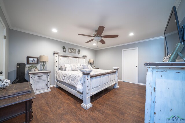 322 Roy Green Rd, Longview, TX 75602 - bedroom featuring dark wood-style flooring, recessed lighting, crown molding, and ceiling fan