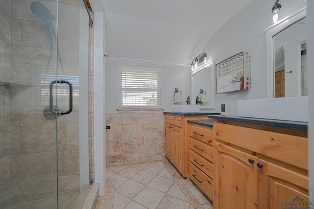 322 Roy Green Rd, Longview, TX 75602 - full bath featuring crown molding, vanity, a shower stall, and tile patterned floors