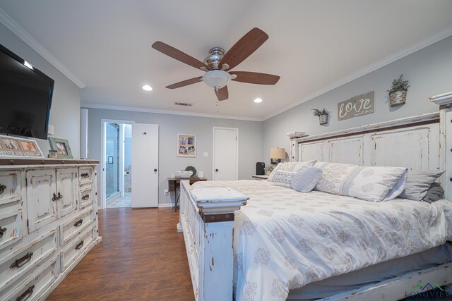 322 Roy Green Rd, Longview, TX 75602 - bedroom featuring recessed lighting, dark wood-style floors, ornamental molding, and a ceiling fan