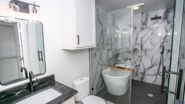 full bathroom with vanity, independent shower and bath, and toilet