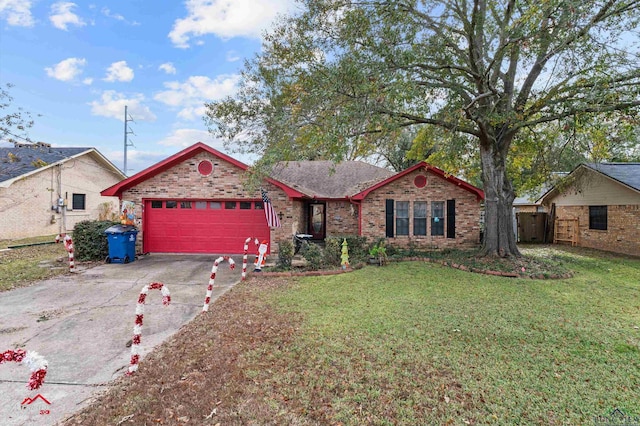 ranch-style home featuring a garage and a front lawn