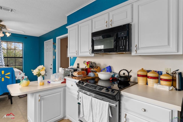 kitchen featuring a textured ceiling, white cabinetry, kitchen peninsula, ceiling fan, and stainless steel electric range