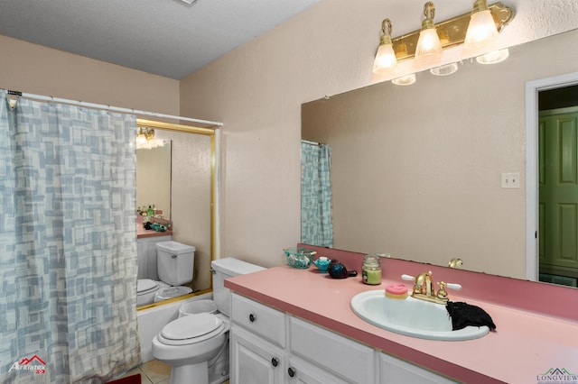 full bathroom featuring a textured ceiling, tile patterned flooring, vanity, toilet, and shower / bath combo with shower curtain