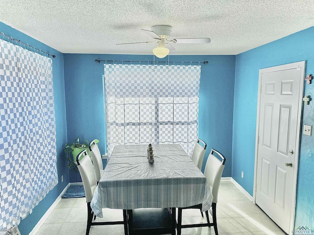 dining room with ceiling fan and a textured ceiling